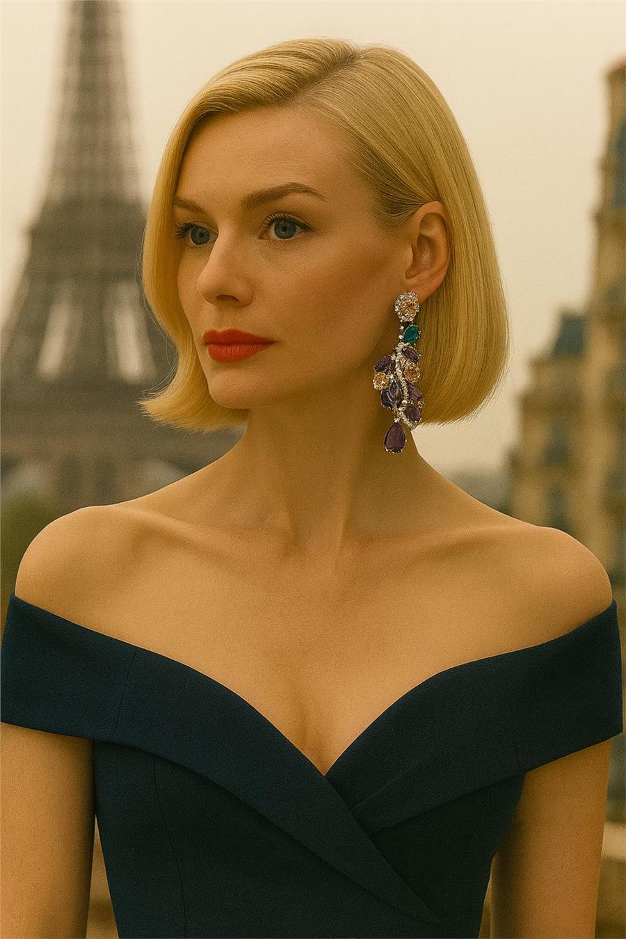 Laura Mor Yeşil Taşlı Şık Statement Küpe